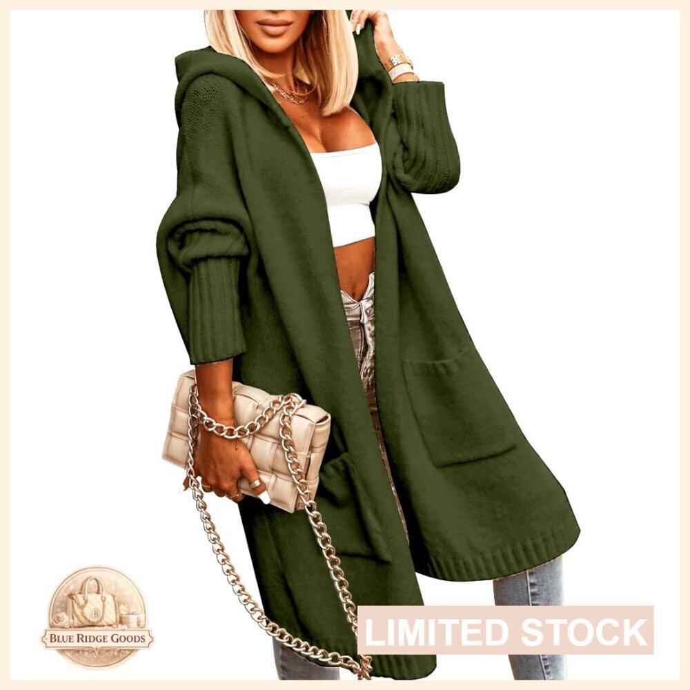 Long Cable Knit Hooded Cardigan Sweater Coat with Pockets